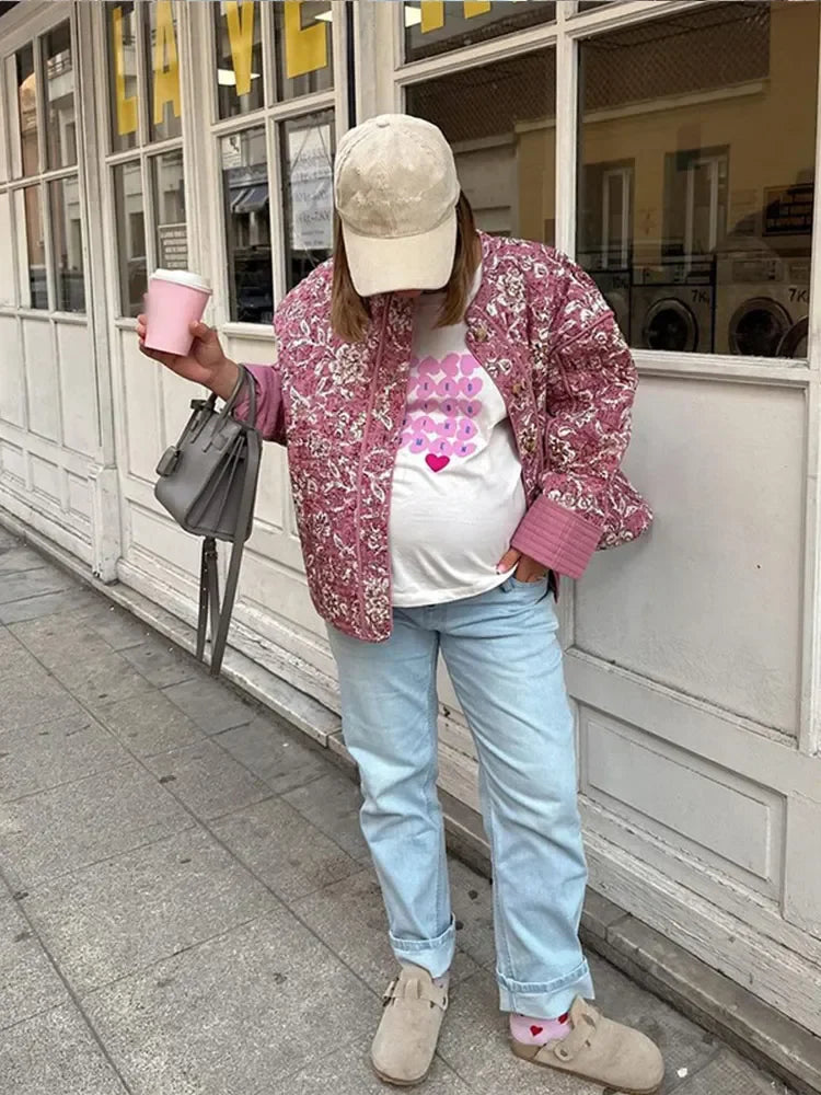 Mia | Giacca trapuntata floreale rosa con dettagli romantici