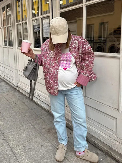 Mia | Giacca trapuntata floreale rosa con dettagli romantici