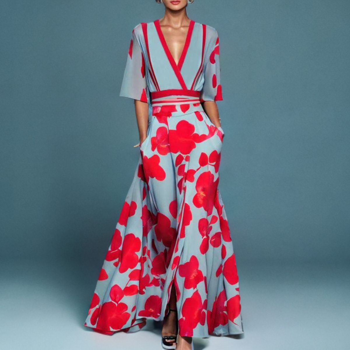 Amara – Floral Print Maxi Dress with V-Neck and Wide Sleeves