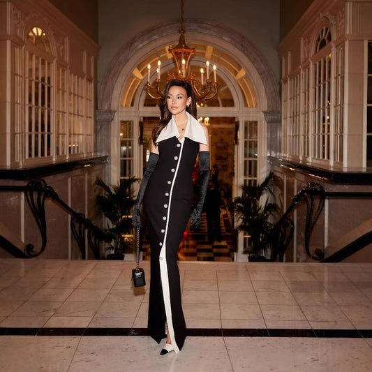 Sophia - Maxi abito elegante con chiusura a bottoni a contrasto