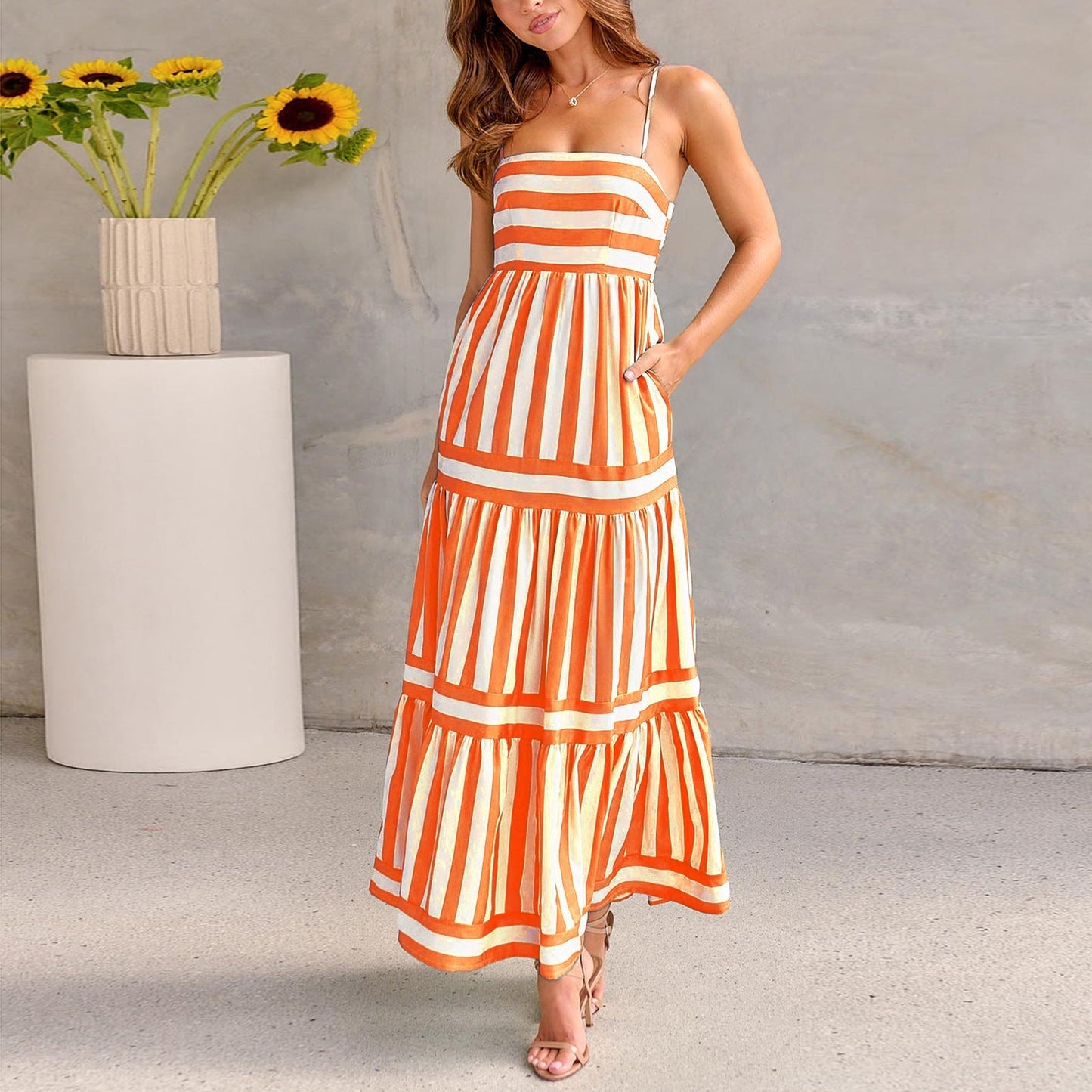 Sabrina - Green striped maxi dress with style and freshness