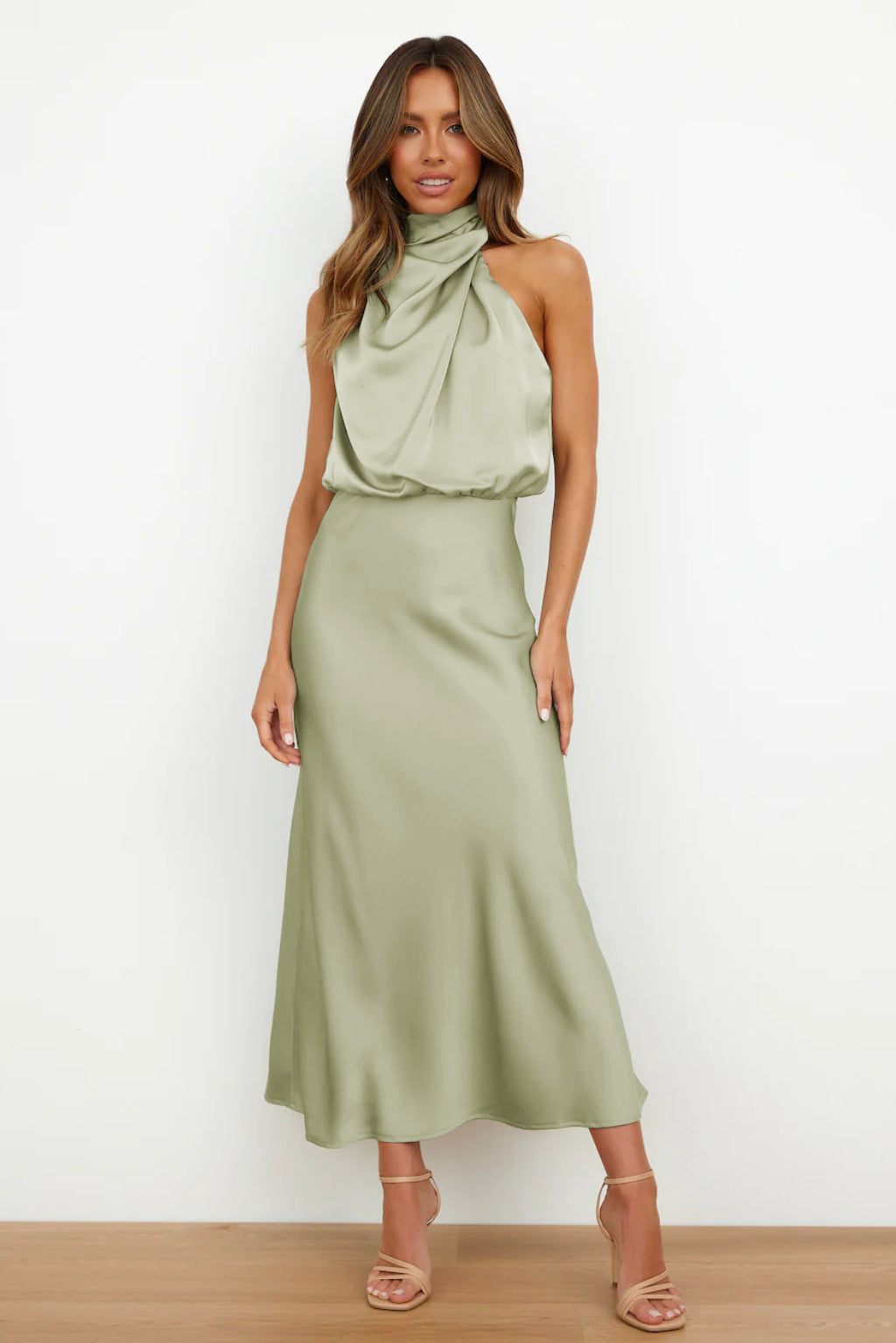 Sabrina - Satin midi dress with asymmetrical one-shoulder design