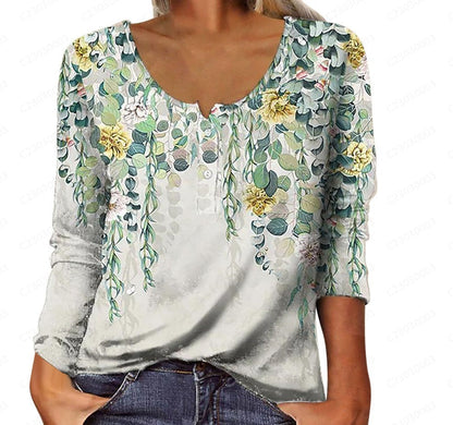 Leire | T-shirt a maniche lunghe con scollo a U, stampa floreale geometrica e bottoni