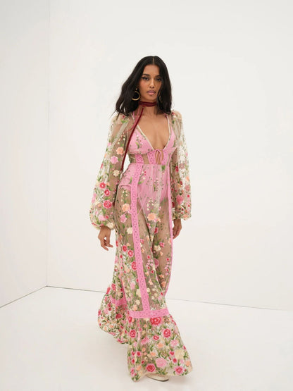 Sabrina - Floral maxi dress with sheer lace and bohemian style
