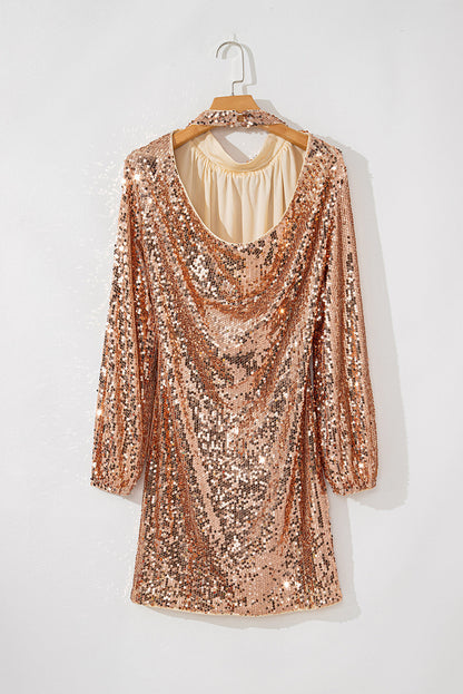 Elena | Vestito corto con paillettes dorate a maniche lunghe