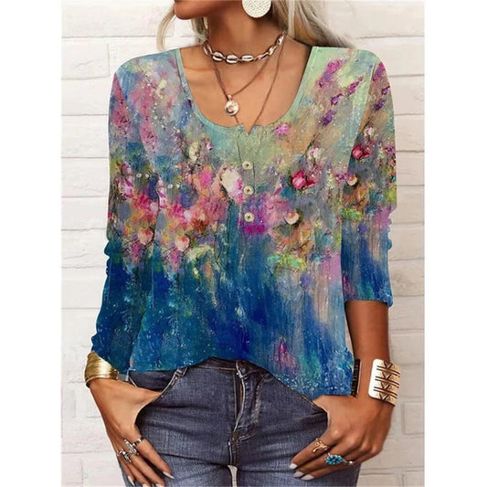 Leire | T-shirt a maniche lunghe con scollo a U, stampa floreale geometrica e bottoni