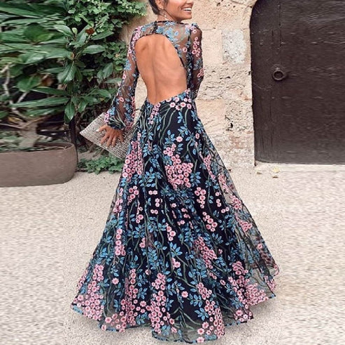 Florencia - Abito lungo a fiori con schiena scoperta