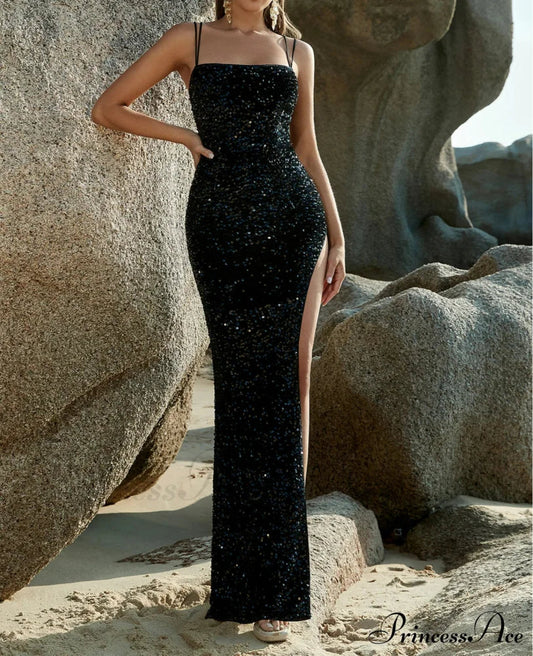 Celestina™ | Sequin Slit Gown with Spaghetti Straps