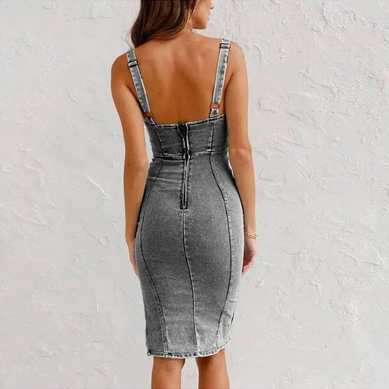 Skye™ – Sleeveless Denim Bodycon Midi Dress with Front Zip and Side Slit