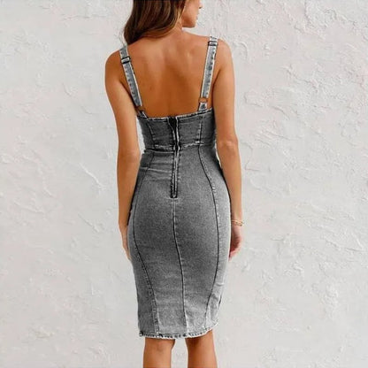 Skye™ – Sleeveless Denim Bodycon Midi Dress with Front Zip and Side Slit